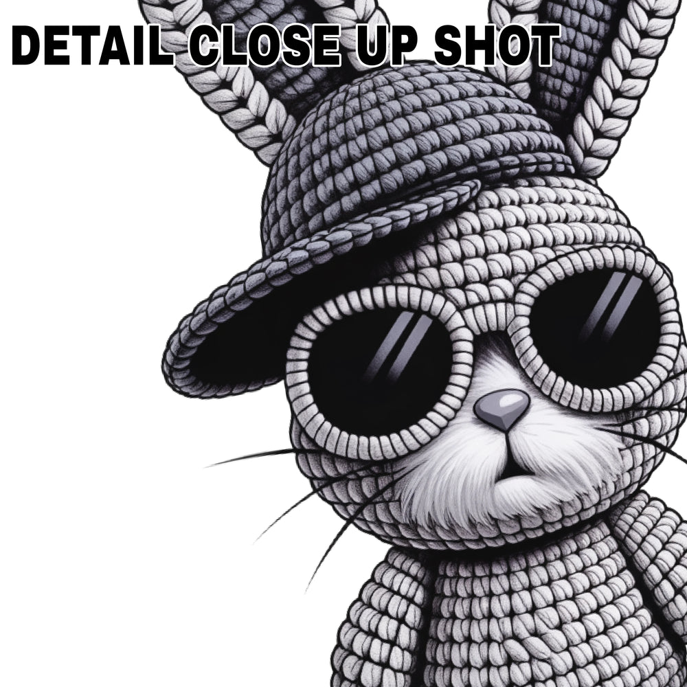 Cool hipster Easter bunny DTF transfer with knitted texture wearing sunglasses on gray background