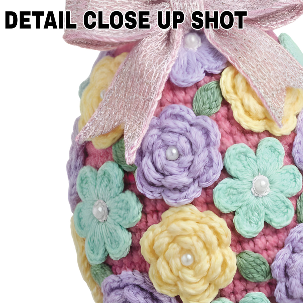 Easter DTF transfer featuring a crochet-textured egg with layered purple roses, mint green flowers, yellow blooms, and pearl embellishments with pink ribbon bow