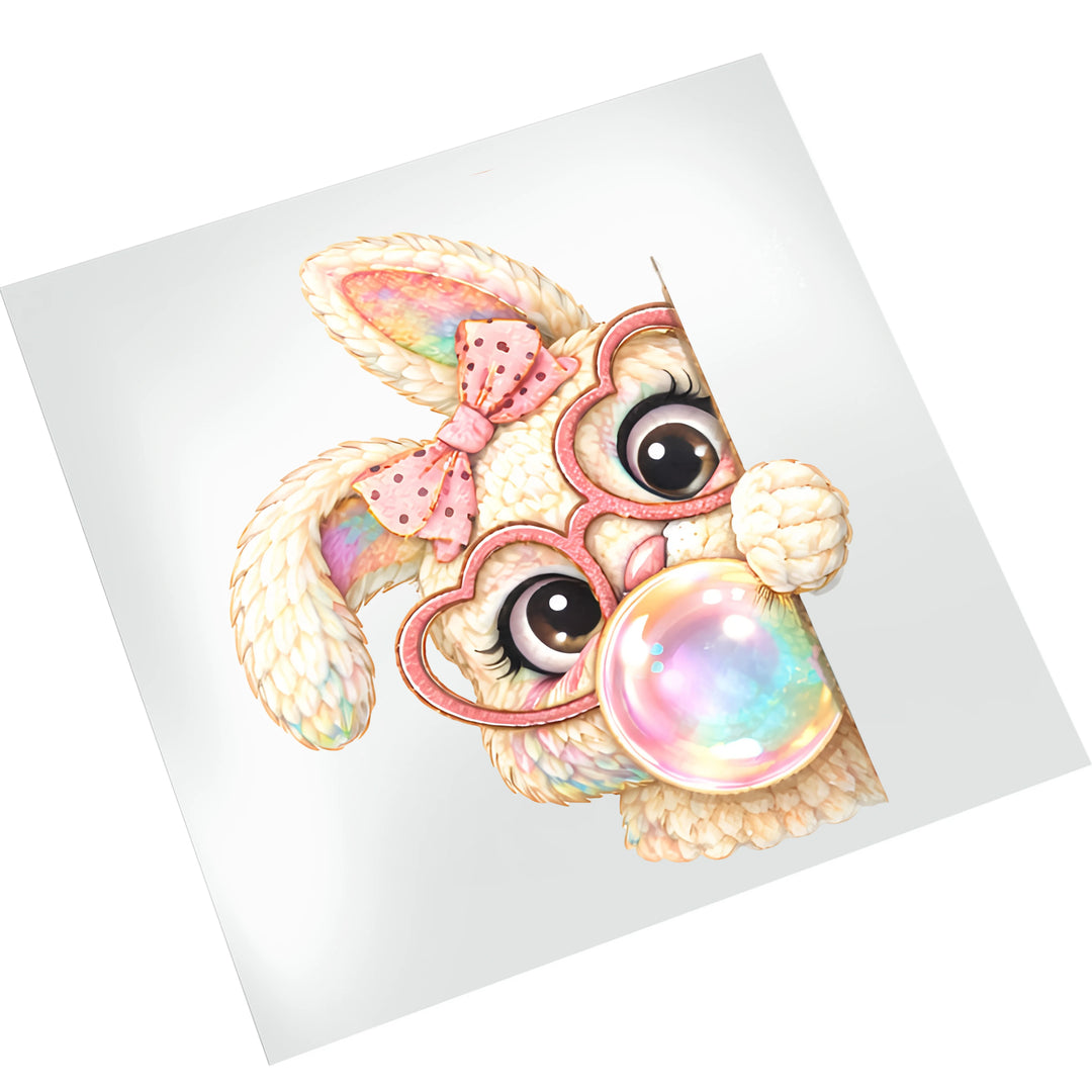 Easter bunny DTF transfer with textured knit appearance and polka dot bow displayed on white background for easy viewing