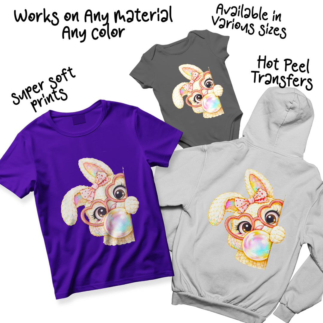 Multiple color variations of Easter bunny peeking DTF transfer design showing different rainbow gradient options