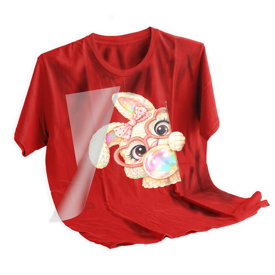 Easter bunny DTF transfer applied to white t-shirt showing final pressed result with vibrant colors and soft texture