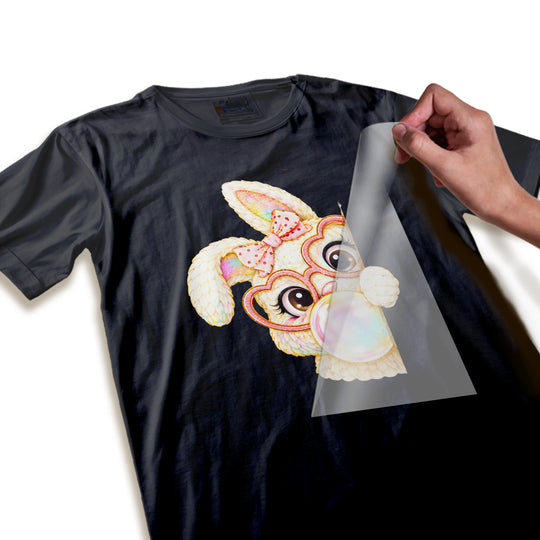 Close-up detail of Easter bunny DTF transfer showing textured surface quality and color vibrancy after heat press application