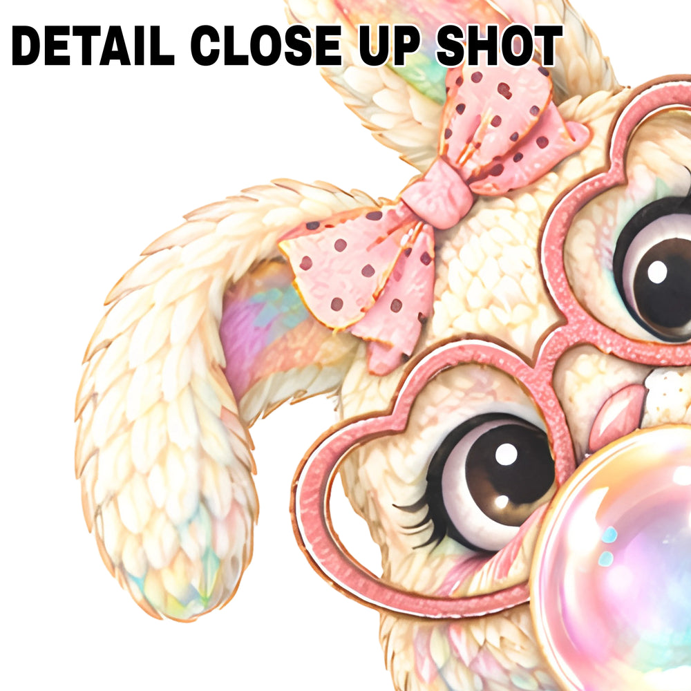 Easter DTF transfer design featuring cute bunny with large eyes peeking over rainbow bubble gum on transparent background