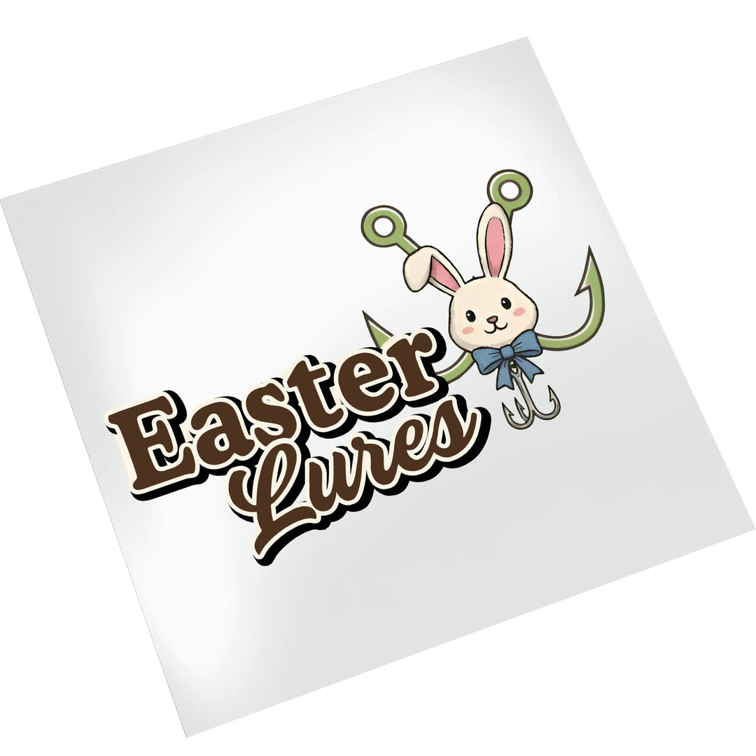 Easter bunny fishing DTF transfer mockup on white t-shirt showing placement and sizing options