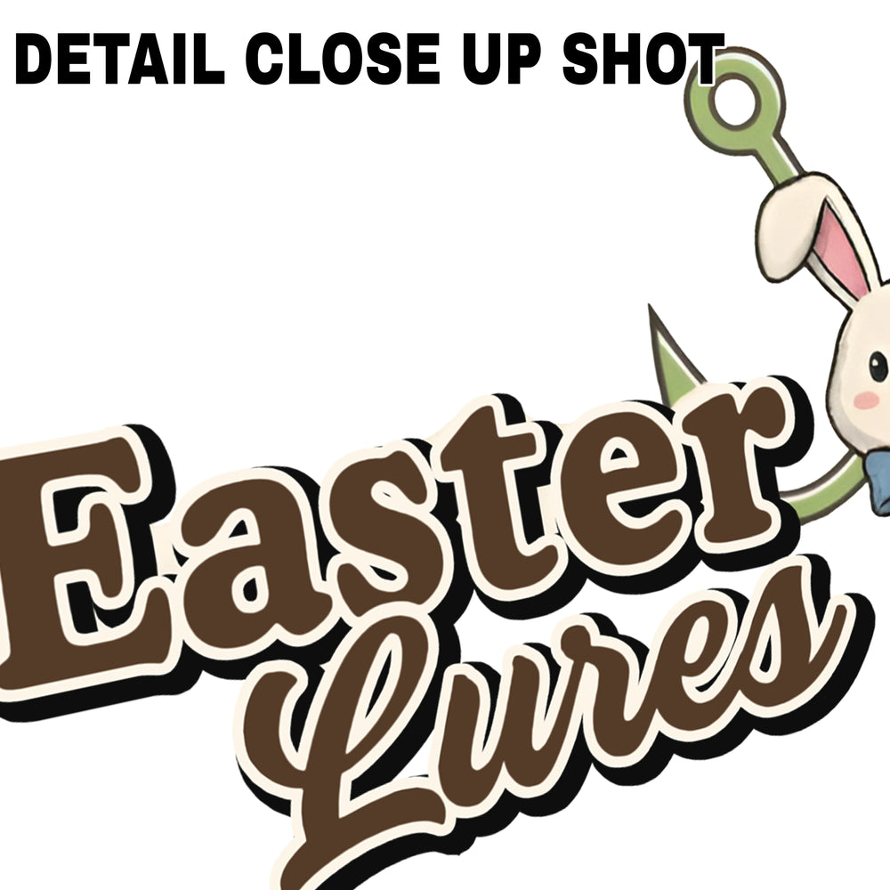 Easter Lures DTF transfer design featuring cartoon bunny with fishing lures and decorative text on white background