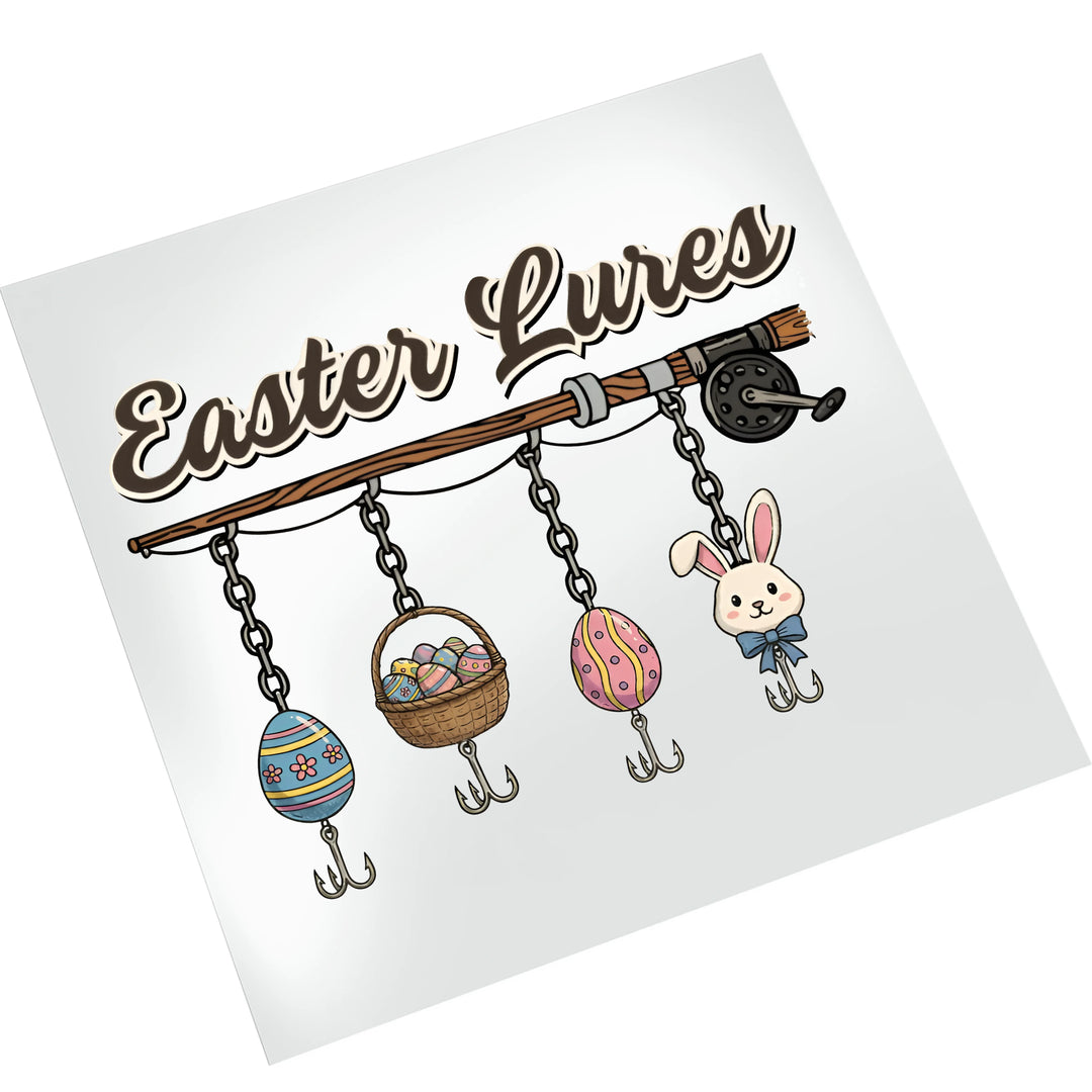 Easter fishing themed DTF transfer with cartoon bunny and colorful Easter egg lures displayed on clean white background for printing