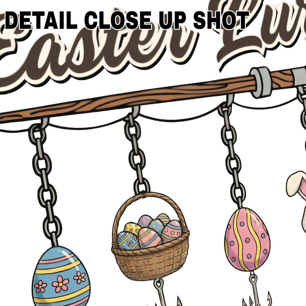 Easter DTF transfer design showing fishing rod with hanging Easter lures including decorated eggs, bunny, and basket on transparent background