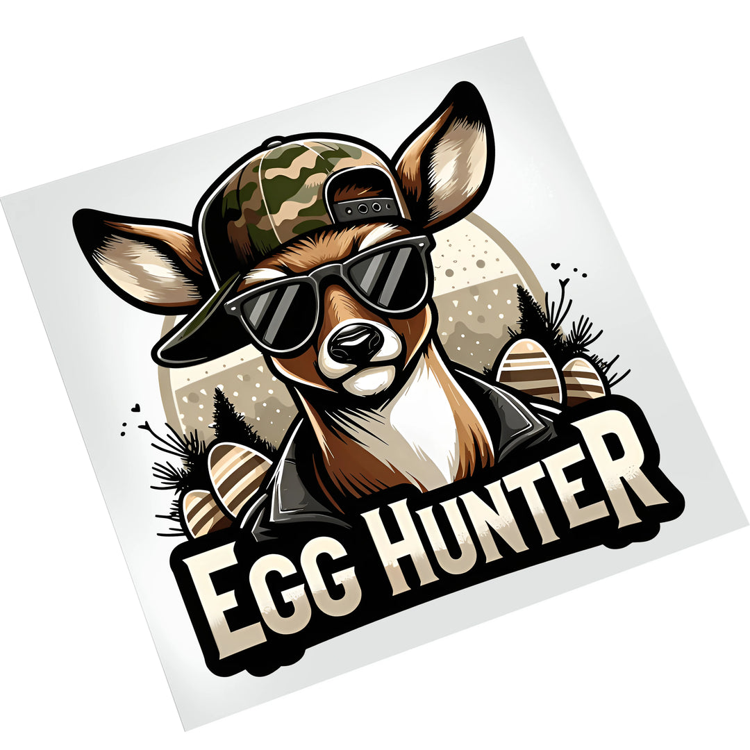 Easter egg hunter deer DTF transfer on white background showing full design with camo hat, sunglasses, and holiday text for heat pressing