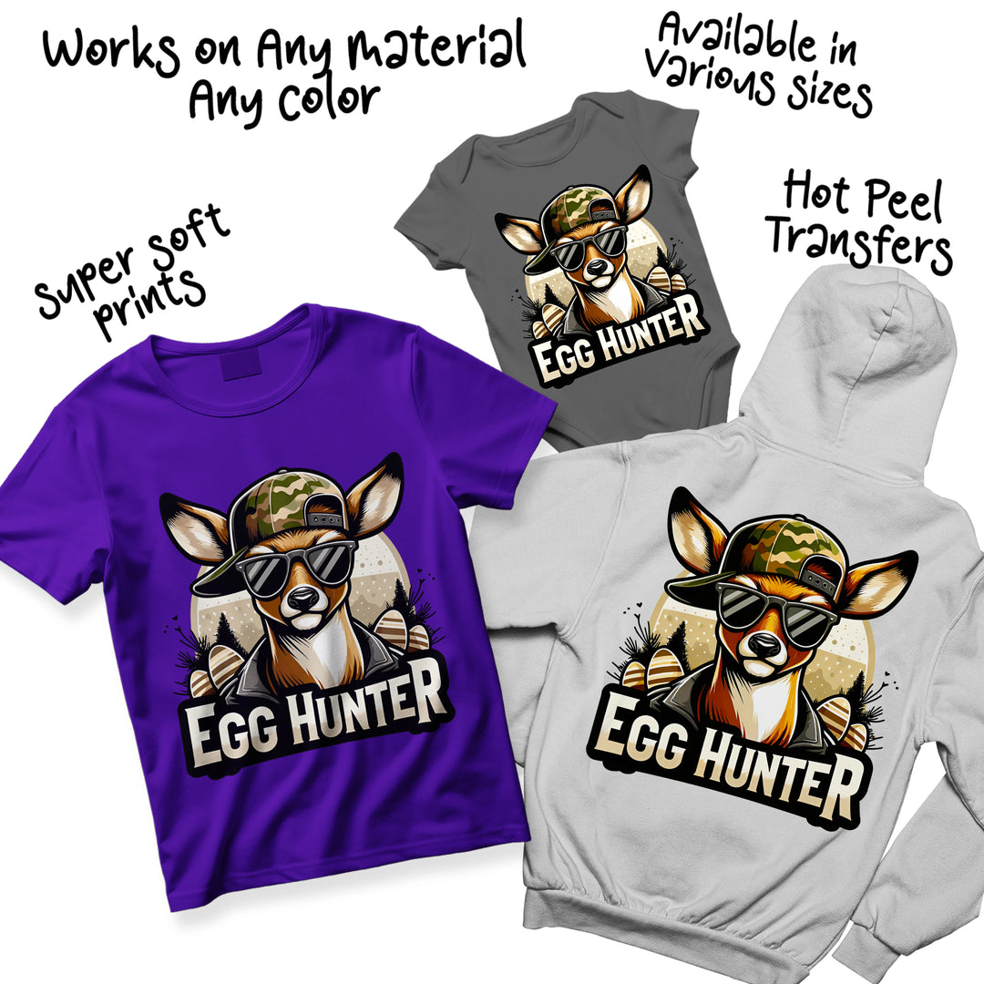 Multiple color variations of Easter egg hunter deer DTF transfer design showing different camouflage patterns and color options