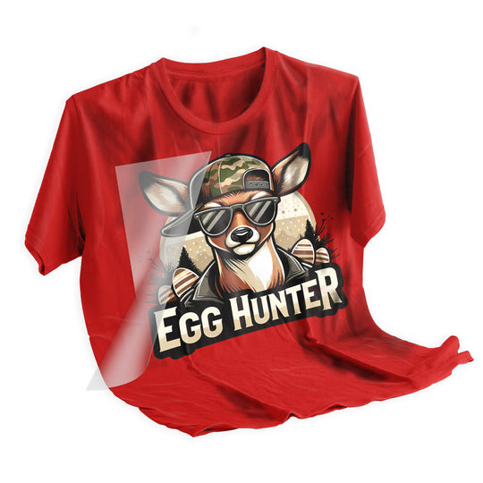 Easter egg hunter deer DTF transfer applied to dark colored t-shirt showing final pressed result with vibrant colors and clear details