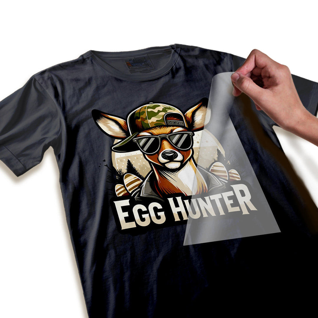 Close-up detail shot of Easter egg hunter deer DTF transfer showing high-resolution print quality, camouflage texture, and crisp text elements