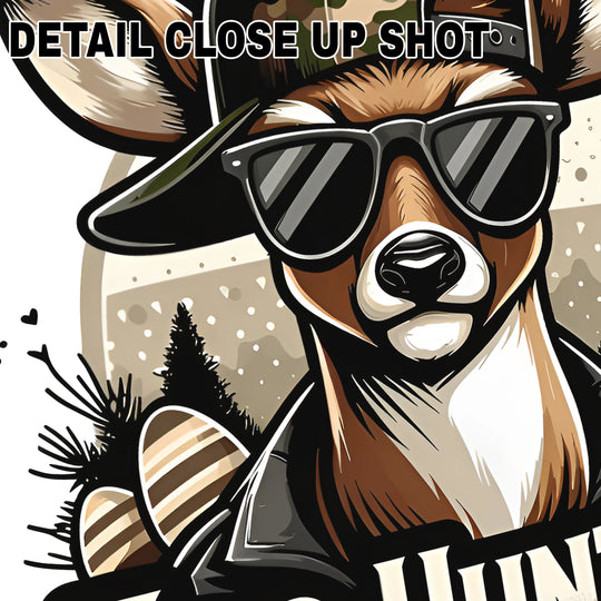 Easter DTF transfer design showing cartoon deer wearing camouflage hat and sunglasses with EGG HUNTER text and decorative Easter eggs