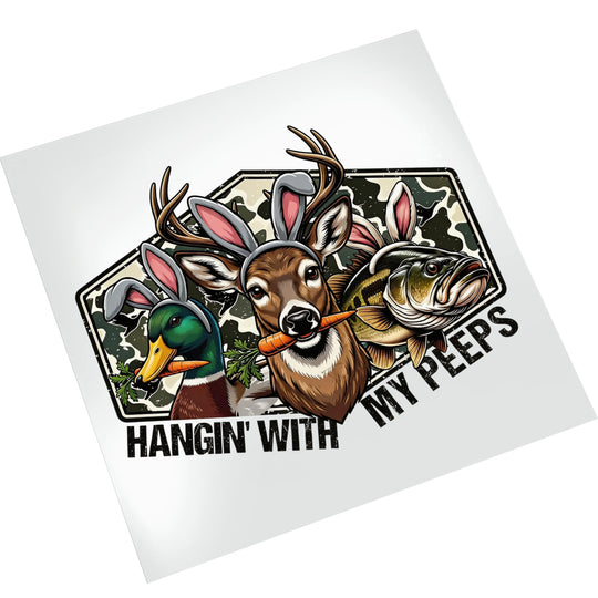 Easter hunting themed DTF transfer on white background featuring cartoon animals with bunny ears and outdoor camouflage design