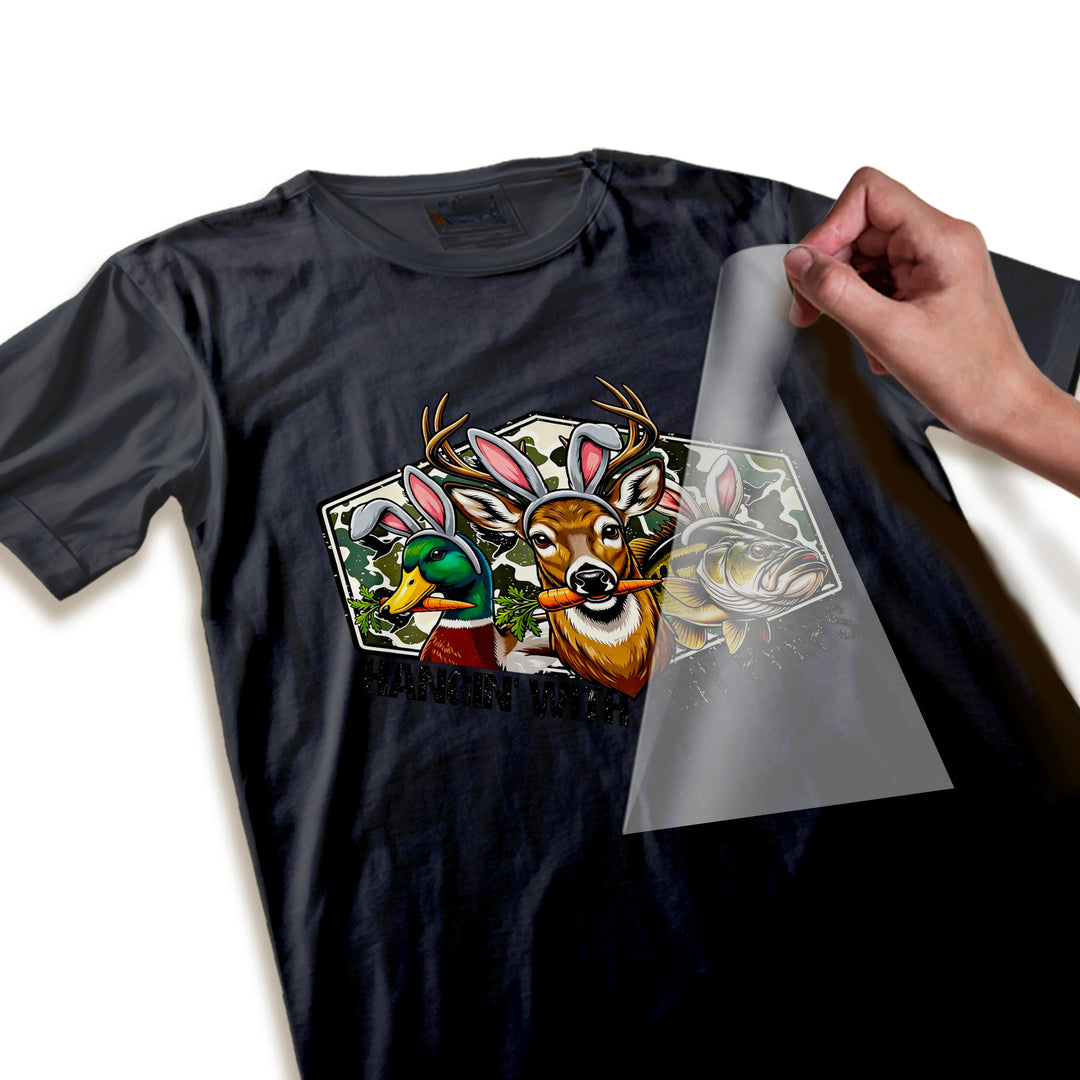 Close-up detail of Easter DTF transfer showing high-quality printing and vibrant colors of hunting animals with bunny ears