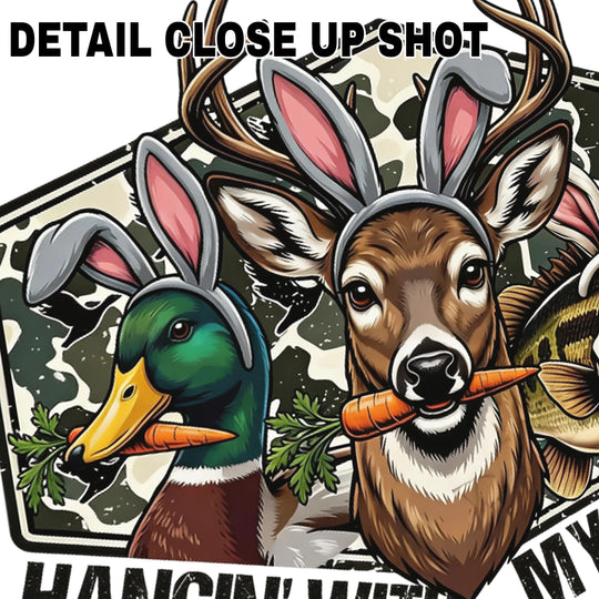 Easter DTF transfer design showing deer, duck and bass wearing bunny ears with Hangin With My Peeps text on camouflage background