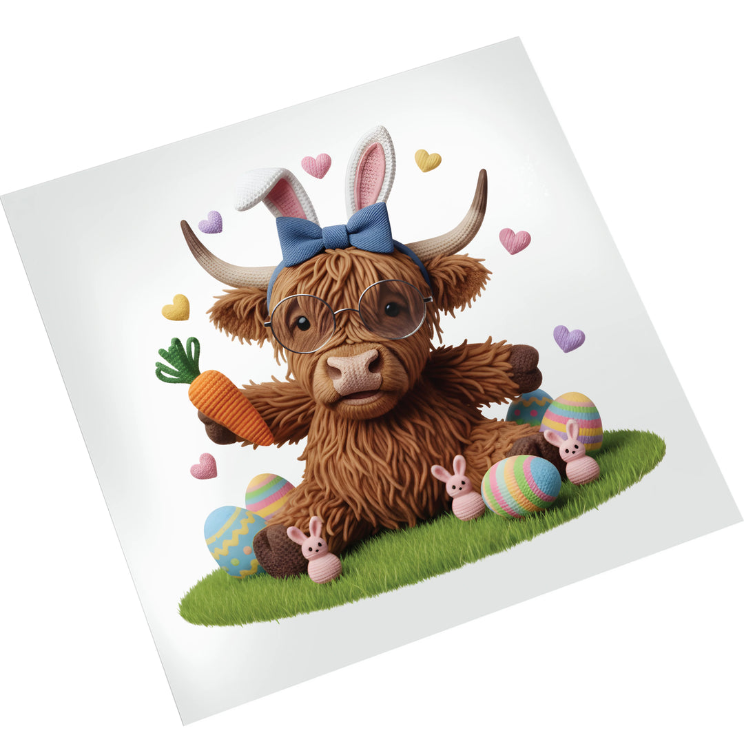Highland cow Easter DTF transfer on white background showing detailed fuzzy texture, bunny ears, Easter eggs and heart decorations ready to press