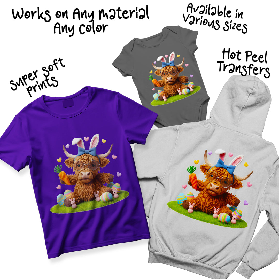 Multiple color variations of highland cow Easter DTF transfer design showing different fur tones and Easter egg color combinations