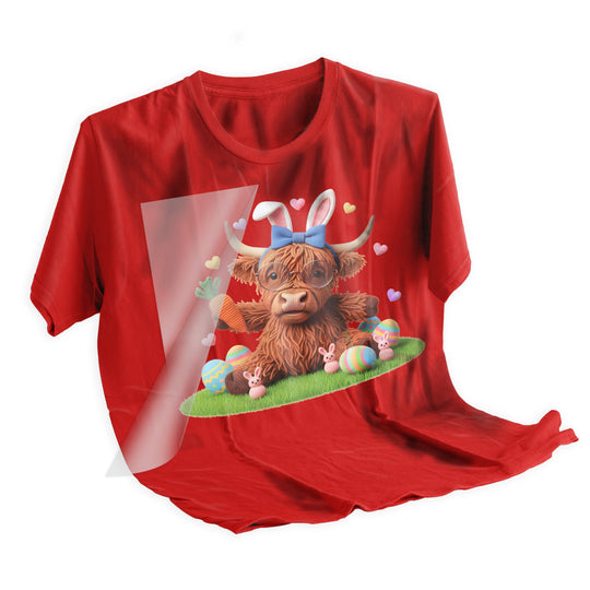 Highland cow Easter DTF transfer applied to light colored t-shirt showing vibrant colors and textured fuzzy appearance after heat pressing