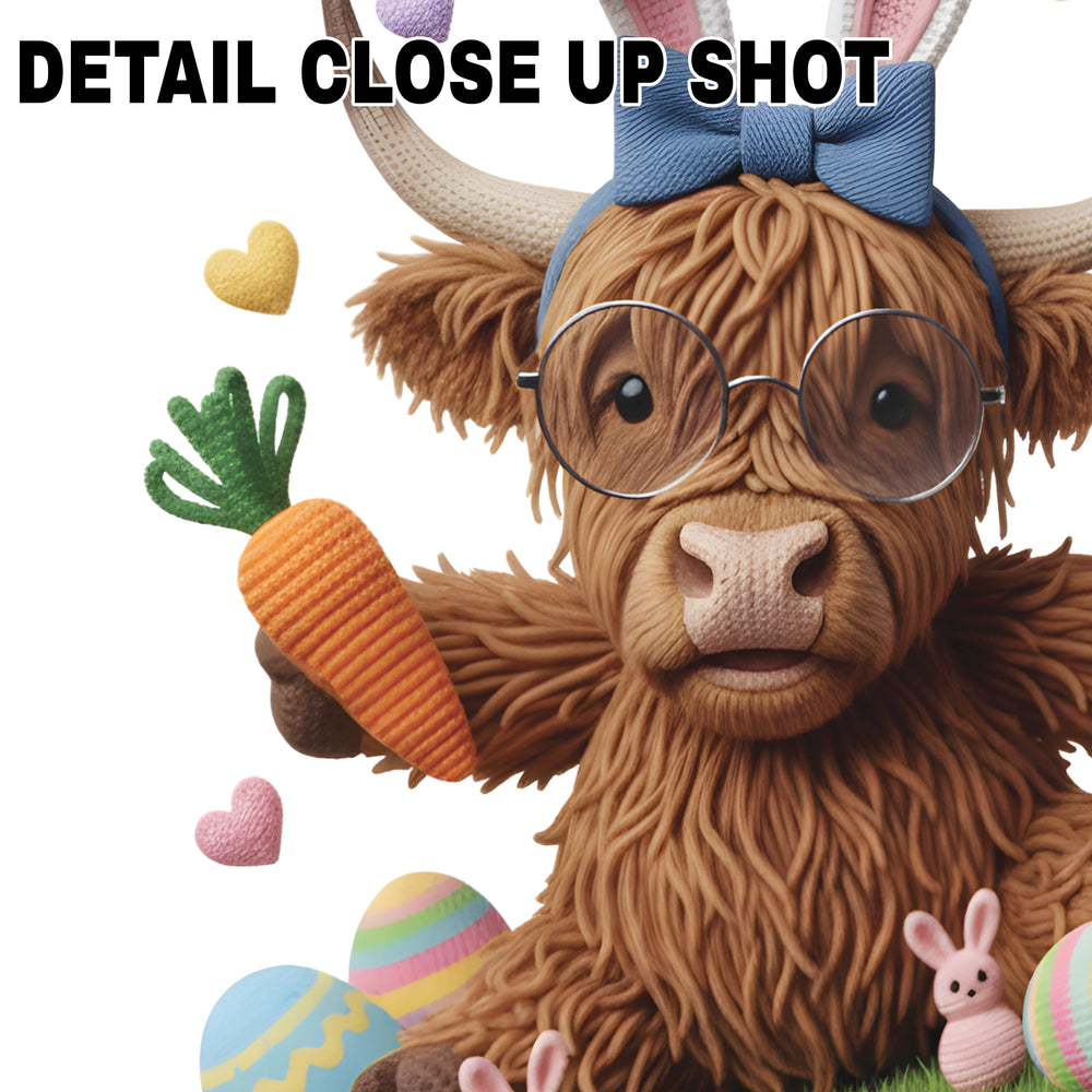 Easter DTF transfer design featuring brown highland cow with textured fuzzy fur wearing bunny ears, blue bow, glasses, surrounded by colorful Easter eggs and hearts