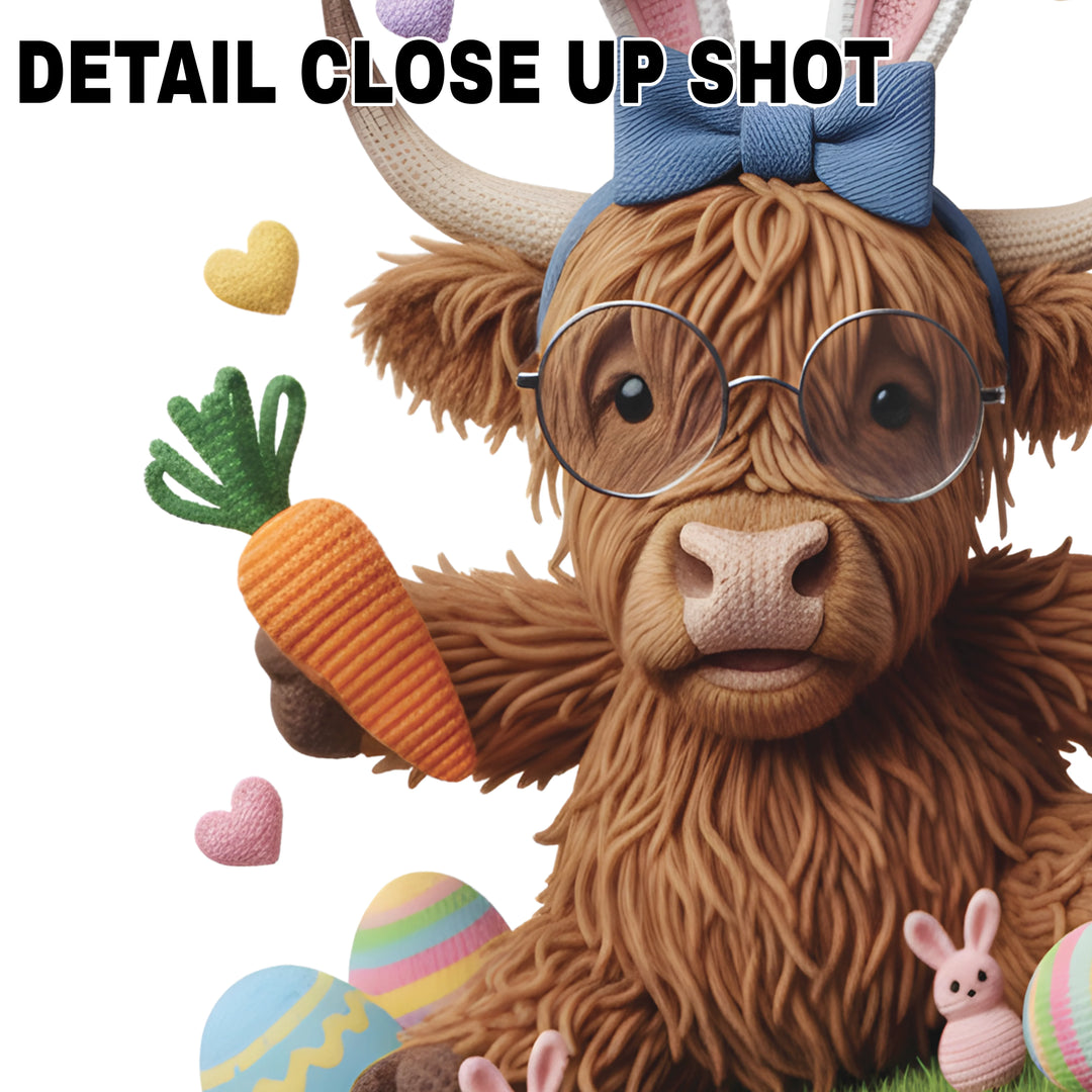 Easter DTF transfer design featuring brown highland cow with textured fuzzy fur wearing bunny ears, blue bow, glasses, surrounded by colorful Easter eggs and hearts