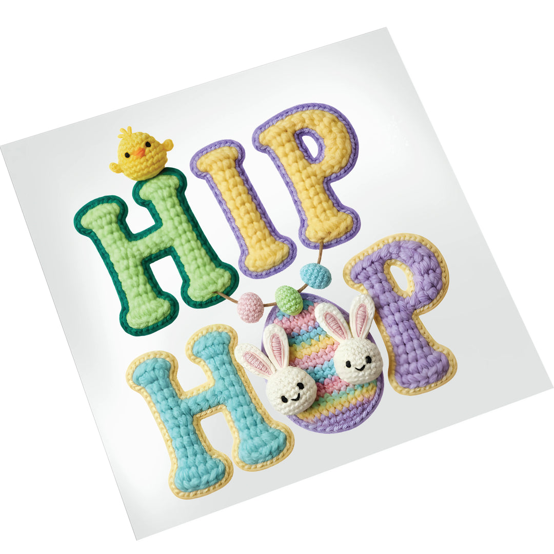Hip hop Easter DTF transfer on white background showing colorful crochet-textured letters with adorable bunny characters and chick