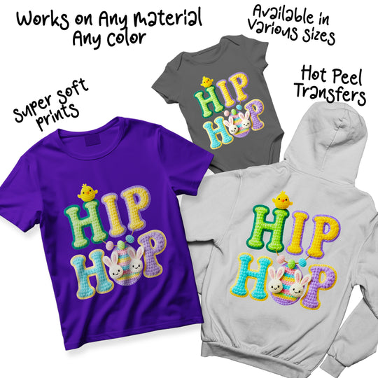 Multi-color Easter DTF transfer variations showing hip hop crochet bunny design in different colorway options