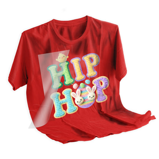 Easter hip hop crochet bunny DTF transfer applied to t-shirt showing final pressed result on fabric