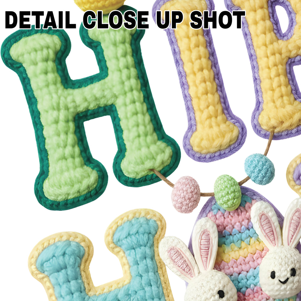 Easter DTF transfer design featuring textured yarn-style letters spelling HIP HOP with cute crocheted bunnies and yellow chick character