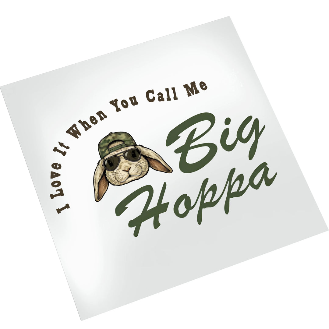 Big Hoppa Easter bunny DTF transfer on white background showing hip-hop styled rabbit in camo hat ready to press on shirts