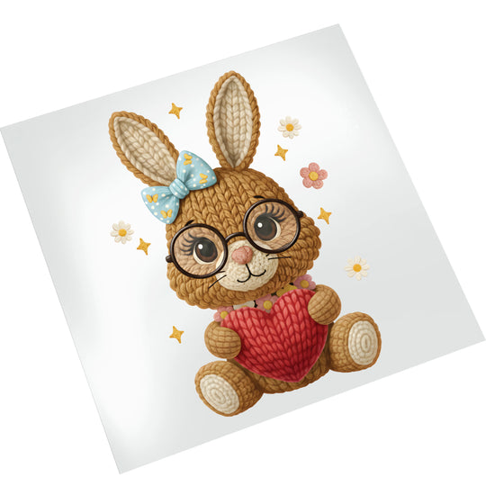 Knitted Easter bunny DTF transfer on white background showing detailed yarn-like texture, glasses, and heart design ready for heat press application