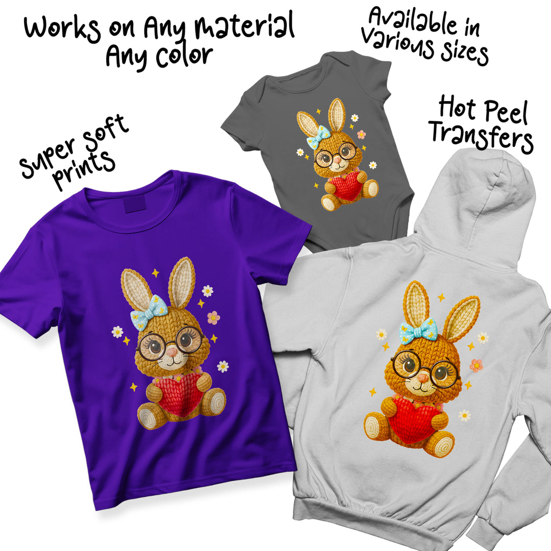 Multiple color variations of Easter bunny DTF transfer showing different yarn textures and color combinations for custom apparel projects