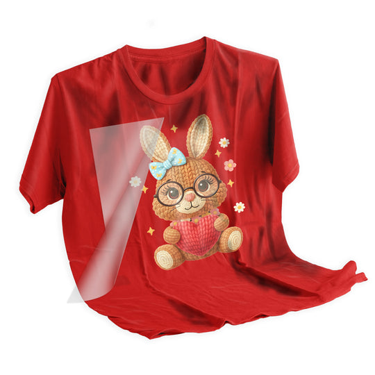 Easter bunny DTF transfer applied to t-shirt showing final result of knitted-style design with glasses and heart on fabric