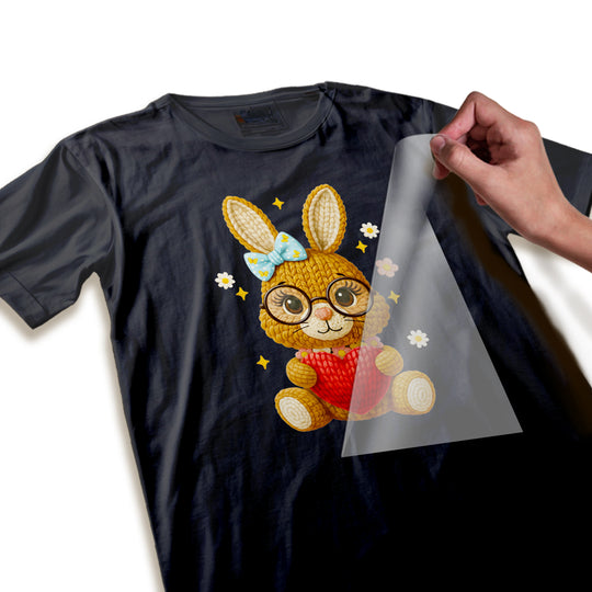 Close-up detail of Easter bunny DTF transfer showing intricate knitted texture pattern and high-quality print resolution