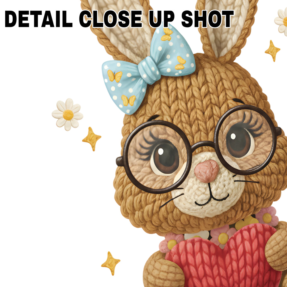 Easter DTF transfer design featuring a cute brown knitted-textured bunny wearing glasses and holding a red heart with blue bow and floral accents