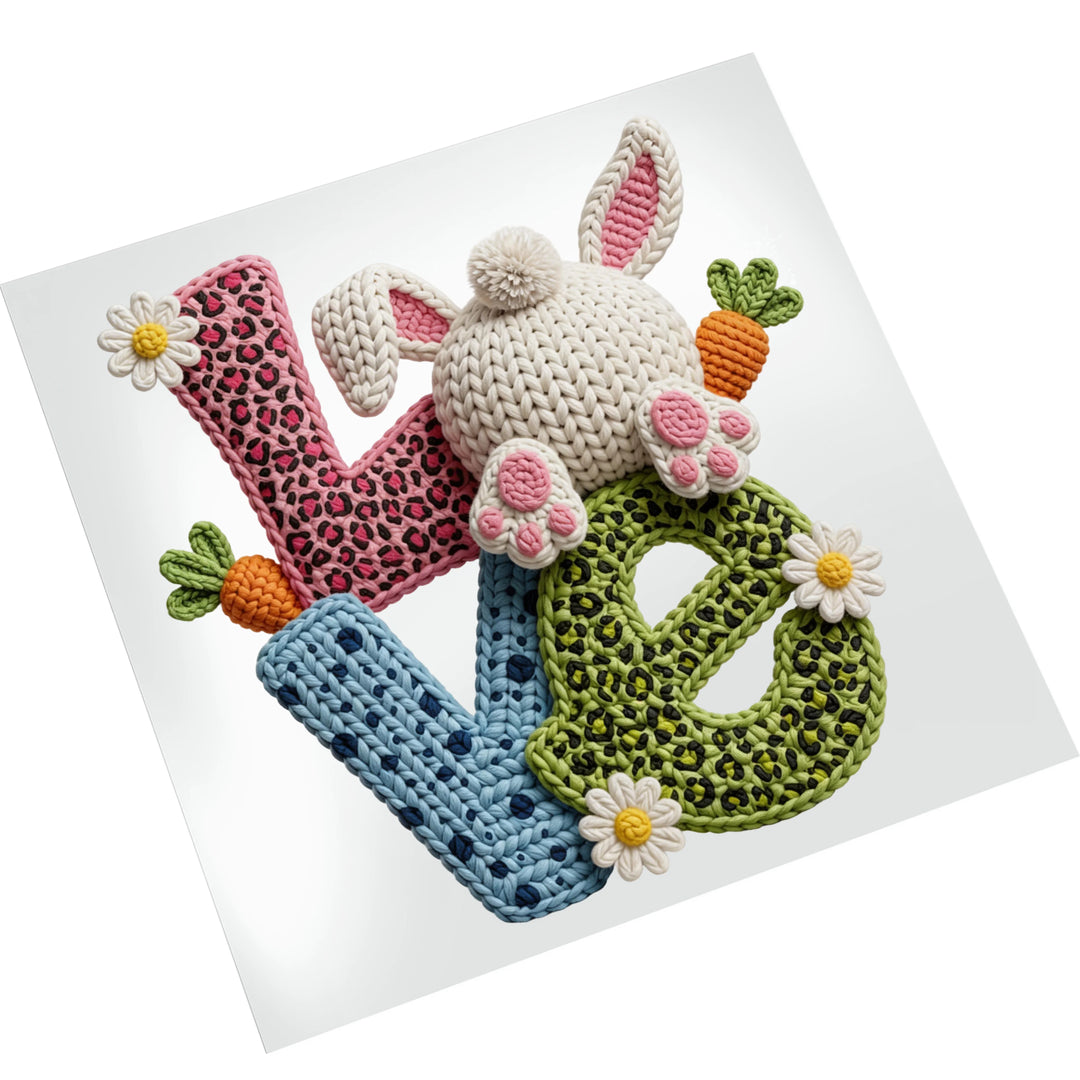 Love crochet yarn Easter DTF transfer displayed on white background featuring textured letters and adorable bunny with paw prints
