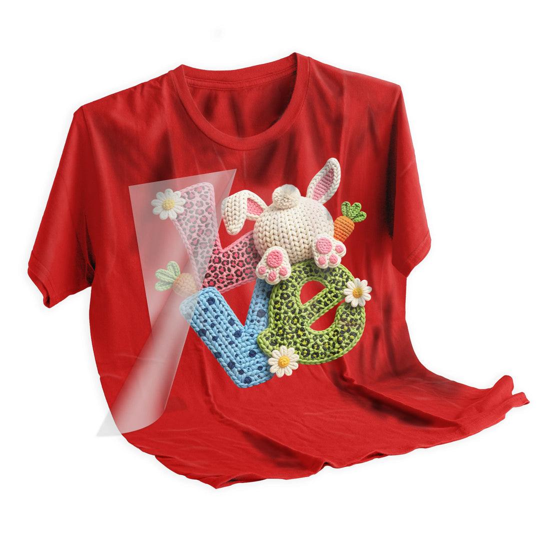 Easter love crochet DTF transfer heat pressed on light colored t-shirt showing final application result