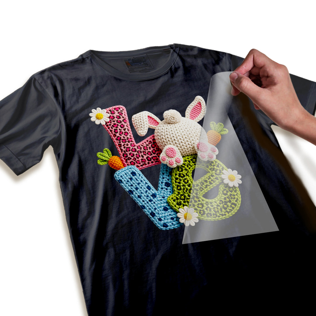 Close-up detail of Easter DTF transfer showing textured yarn appearance and bunny paw print details