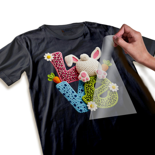 Close-up detail of Easter DTF transfer showing textured yarn appearance and bunny paw print details