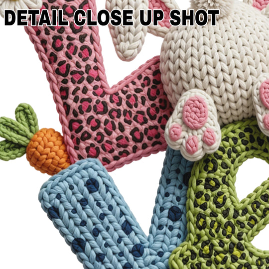Easter DTF transfer design showing LOVE in textured yarn-style letters with knitted bunny, orange carrots, and white daisies on transparent background