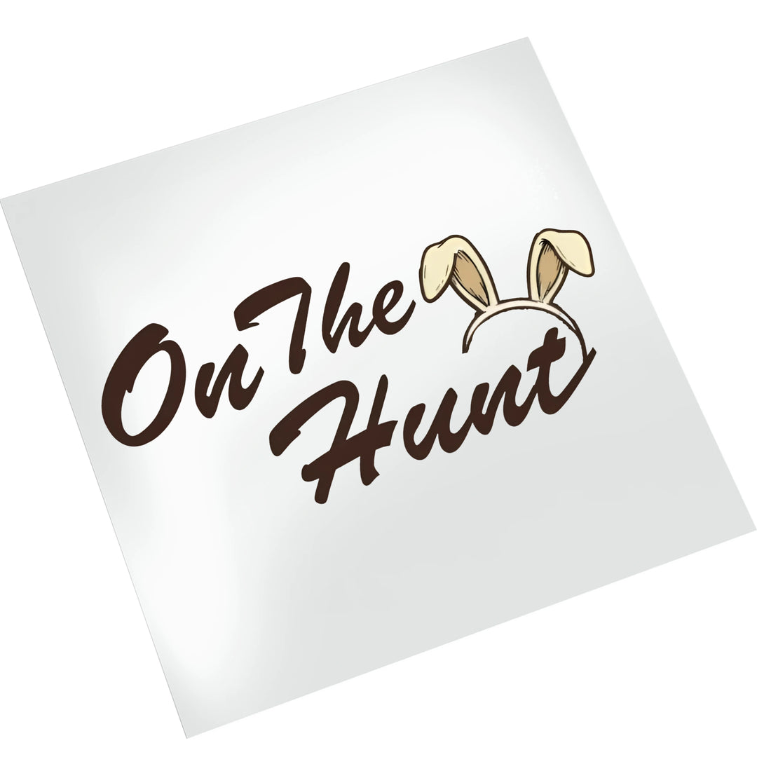 On The Hunt Easter bunny ears DTF transfer displayed on clean white background showing design details and dimensions