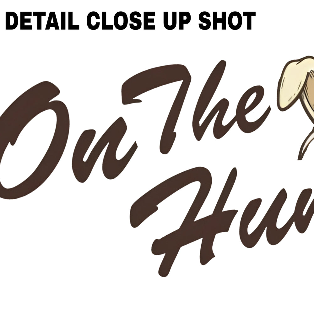 Easter DTF transfer design showing brown script text On The Hunt with cute bunny ears illustration on transparent background