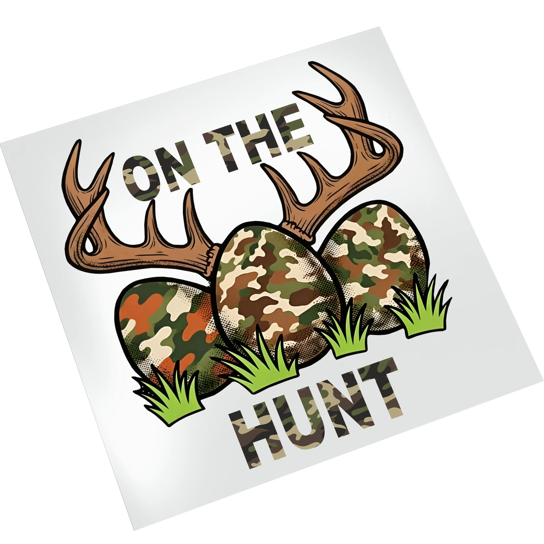 Easter hunting theme DTF transfer with camo eggs and antlers displayed on clean white background for easy viewing