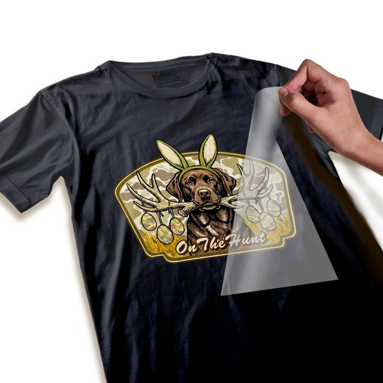 Close-up detail of Easter DTF transfer showing high-quality print resolution of chocolate lab face with bunny ears and camo background texture