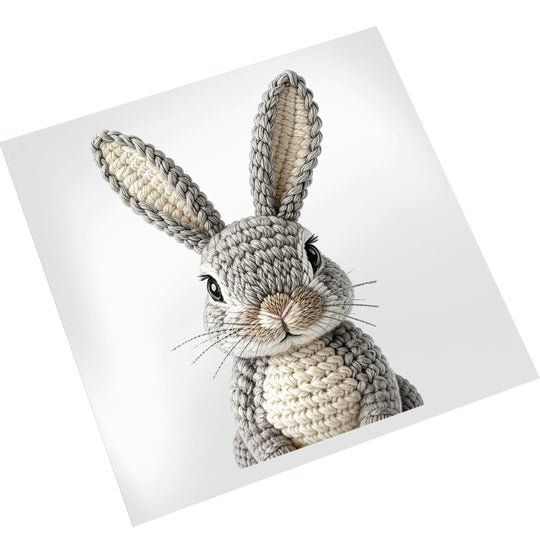 Easter bunny DTF transfer on white background showing intricate crochet texture details and neutral color palette
