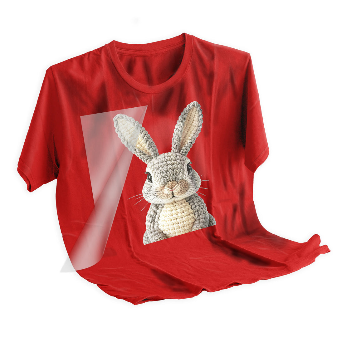 Applied crochet bunny DTF transfer on t-shirt showing dimensional texture and professional heat press results