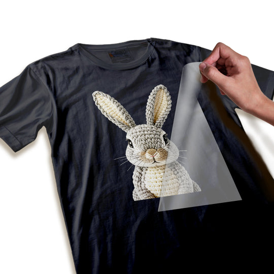 Close-up detail of crochet bunny DTF transfer highlighting realistic yarn texture and stitching pattern quality