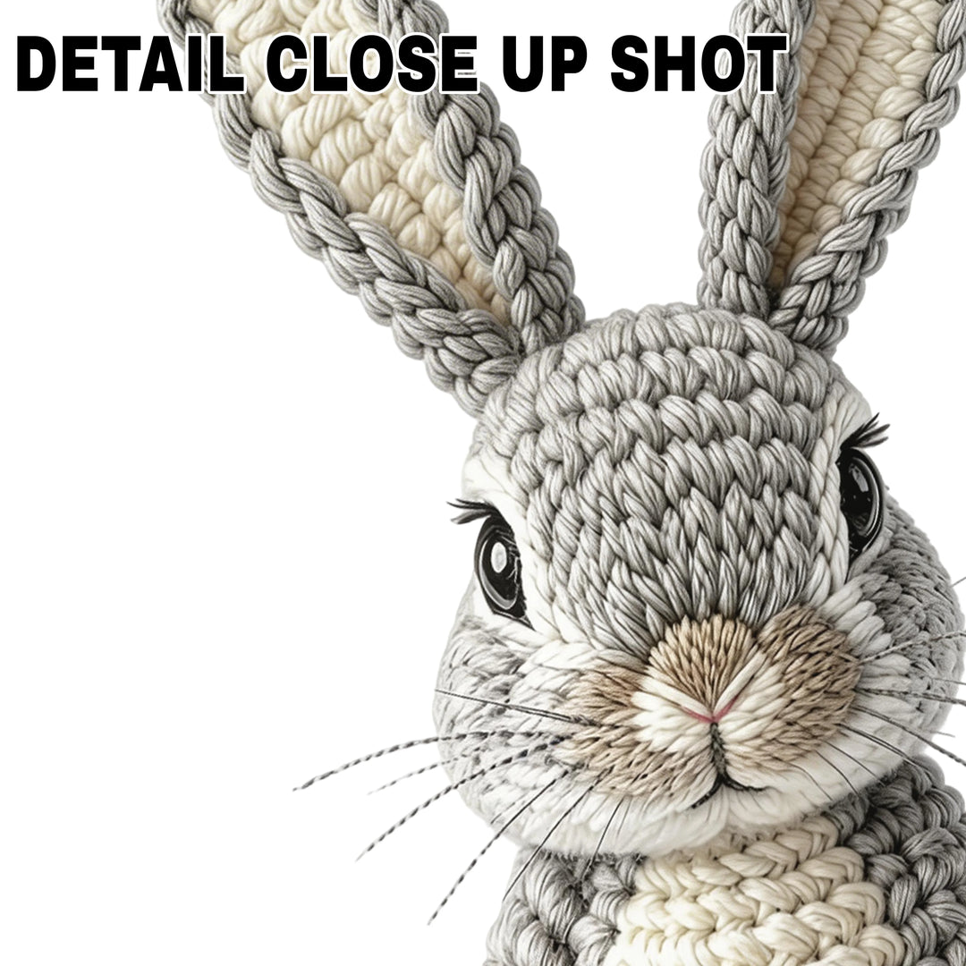 Realistic crochet bunny DTF transfer design featuring soft grey and cream yarn textures with detailed stitching patterns