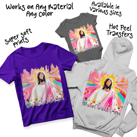 Multi-color variations of Easter Jesus DTF transfer design showing different colorway options for watercolor brushstroke and glitter effects