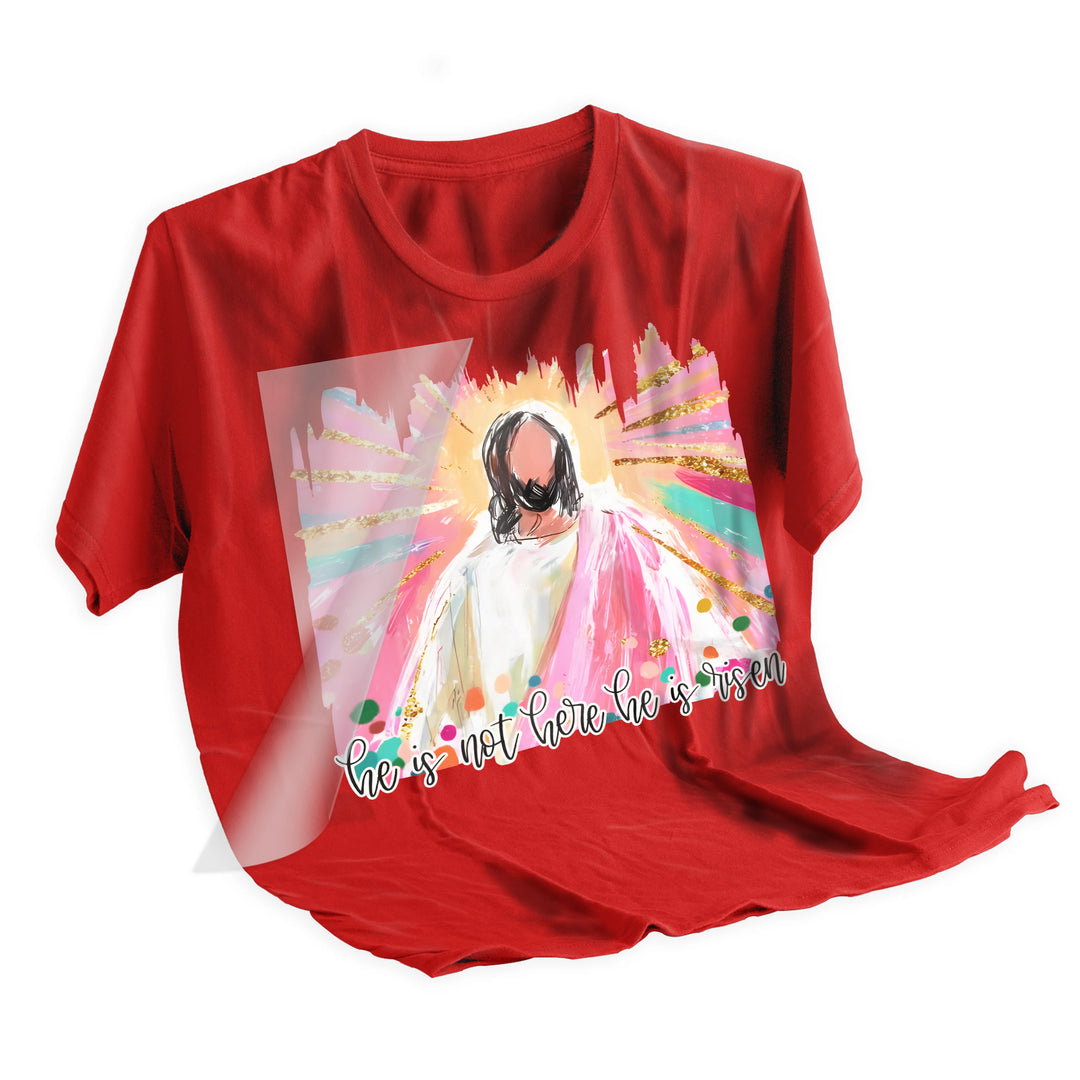 Easter Jesus DTF transfer applied to white t-shirt showing vibrant watercolor colors and professional heat press application results