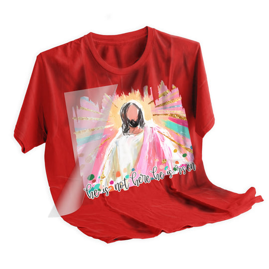 Easter Jesus DTF transfer applied to white t-shirt showing vibrant watercolor colors and professional heat press application results
